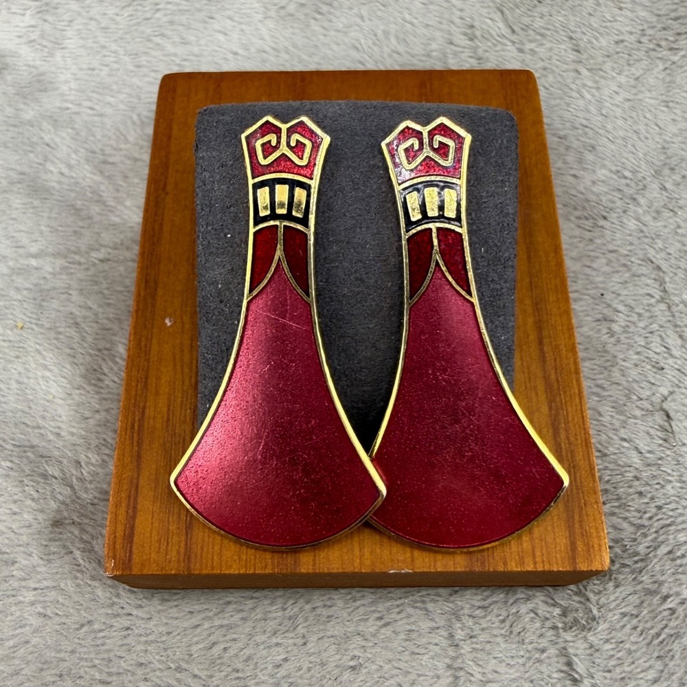 Vintage Cloisonne Earrings Signed Samuel Huang Pierced Earrings Gold Tone Red
